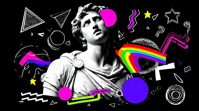 of a classical marble statue wearing a neon visor and surrounded by floating 3D shapes