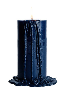 ultra-photorealistic macro shot of a deep midnight blue pillar candle, glossy molten wax dripping heavily, intensely bright flame, isolated on stark white. concept of consumption and dramatic