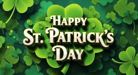 Naklejka premium Happy St. Patricks Day greeting with green shamrock clover background. Luck theme holiday celebration. Irish festive concept.