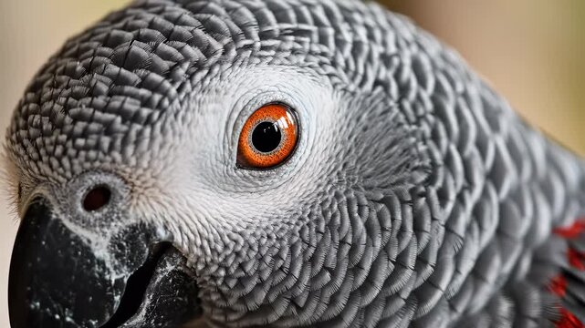 Close up of an African Grey Parrot blinking its vibrant orange eye. The detailed grey feathers and black beak are clearly visible. Exotic bird portrait.