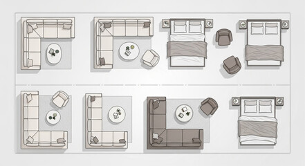 Top-down view of various furniture arrangements for interior design inspiration.
