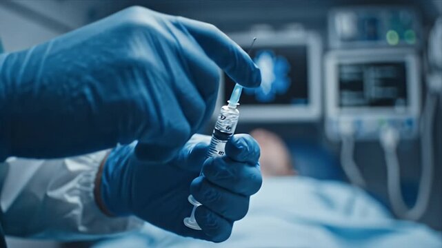Medical Professional Prepares Emergency Medication With Syringe in Hospital Operating Room with Monitoring Equipment