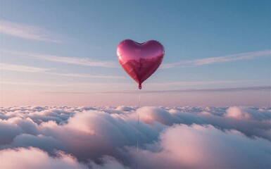 Obraz premium Pink heart balloon floats above fluffy clouds at serene sunrise sky.