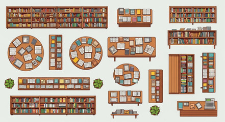 Collection of various bookshelves and tables filled with books and items. © Budi