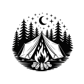 Camping tent and campfire vector illustration, night forest circular emblem for outdoor adventure and hiking branding