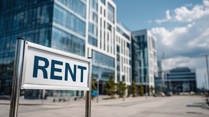 Obraz premium Urban Commercial Real Estate Rent Sign with Modern Office Buildings in Background Under Clear Blue Sky and Clouds, Ideal for Property Advertisement and Leasing