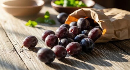 Obraz premium Spilled Grapes from a Paper Bag on a Wooden Table in Sunlight