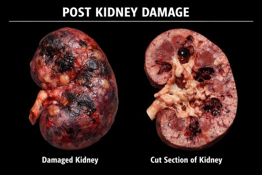 Cross-section of damaged kidney showing bruising, internal bleeding, tissue necrosis and structural failure after trauma