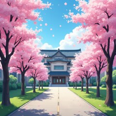 Cherry blossoms in full bloom surrounding a traditional Japanese school building and main gate. Perfect for spring entrance ceremonies