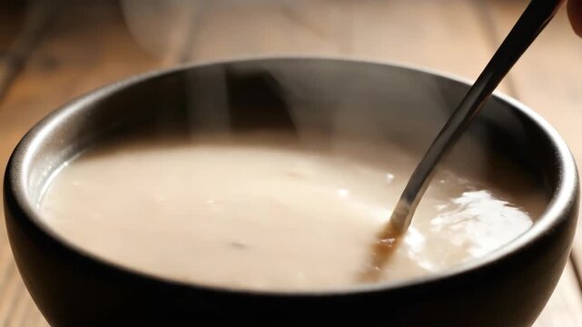 Creamy white soup being served with a ladle into a dark bowl