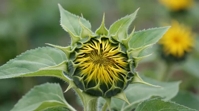 Sunflower Bud Unfurling Petals with Green Leaves and Blurred Yellow Flowers in Background