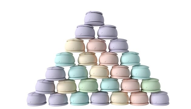 Pastel-colored containers stacked in a triangular pyramid formation