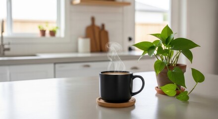 Obraz premium Steaming cup of coffee on a kitchen counter morning beverage with plant and sunlight cozy home atmosphere for relaxation and breakfast