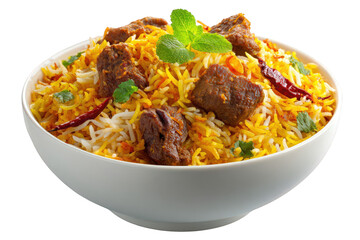 Fototapeta premium Delicious Indian biryani with meat, rice, herbs, and spices in a white bowl isolated on transparent background