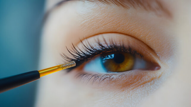 Close up of eye with eyelash perm rods applied, enhancing natural lashes in cosmetic procedure. focus is on precision and detail of beauty treatment