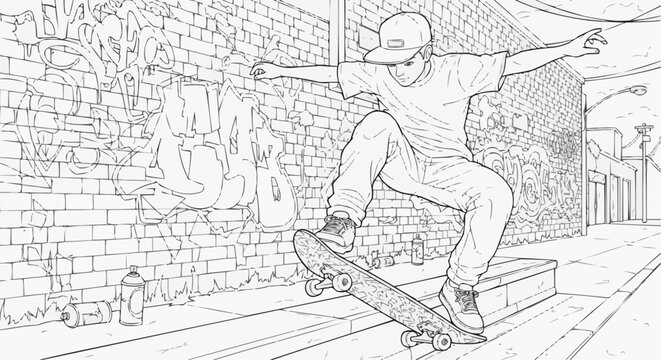 Coloring page for children - a teenage skateboarder performing tricks on a city street with graffiti on the walls