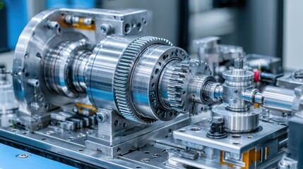 Obraz premium Close-up View of a High-Precision Mechanical Gear Assembly in Engineering Laboratory for Industrial Applications and Advanced Manufacturing Technology