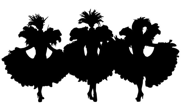 Black silhouettes of showgirls in carnival costumes. Three cabaret dancers with feather headdresses and feathered skirts performing. Isolated group of elegant stage performers for theater or festival 