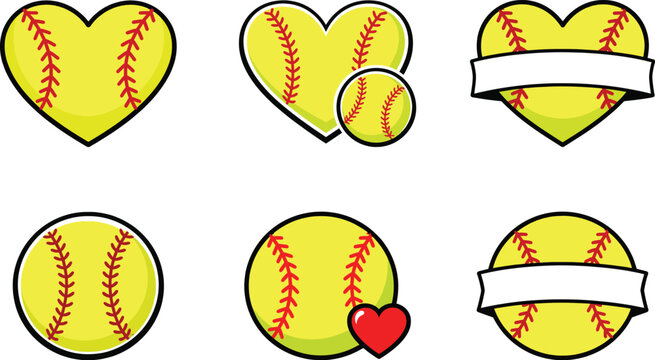 Yellow Softball Heart and Ball Icon Set