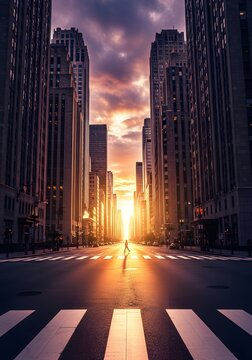 A person crosses a city street at sunset with skyscrapers in the background