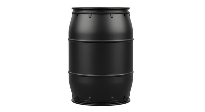 Black Plastic Industrial Drum Barrel for Hazardous Waste and Fuel Storage Isolated on Transparent Background PNG File Ready Cutout Unbranded Container Studio Shot