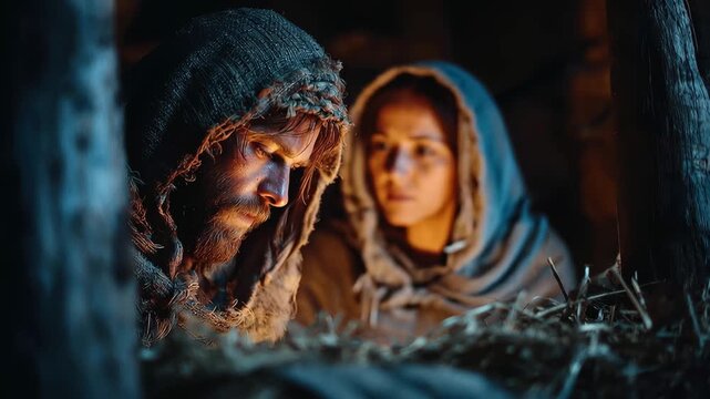 Nativity scene shows Holy Family during night in humble setting with animals nearby