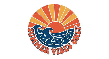 Retro sunset over ocean waves with "Summer Vibes Only" text, evoking a nostalgic and carefree summer feeling.