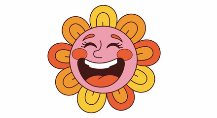 A cheerful, retro-style cartoon flower with a wide, laughing smile and rosy cheeks.