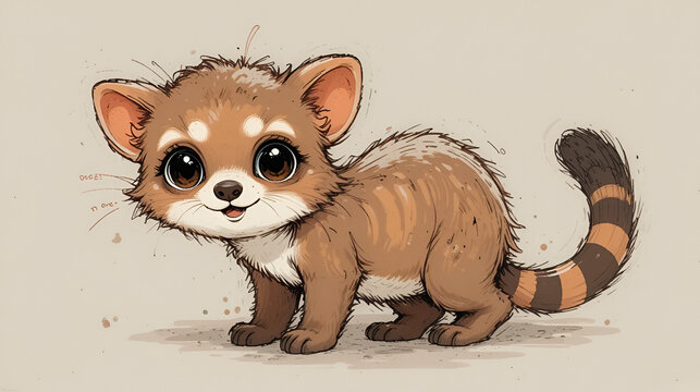 Adorable illustrated fossa with a playful expression, featuring large eyes and a striped tail.