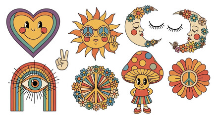 A collection of groovy, retro-inspired illustrations featuring a heart, sun, moon, rainbow eye, peace signs, mushroom, and flower.