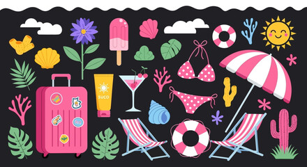 A vibrant collection of summer vacation icons and illustrations on a dark background, featuring a suitcase, beach chairs, umbrella, swimwear, and tropical elements.