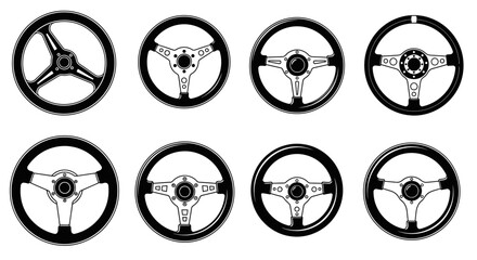A collection of eight different car steering wheels, presented in a grid format against a white background.