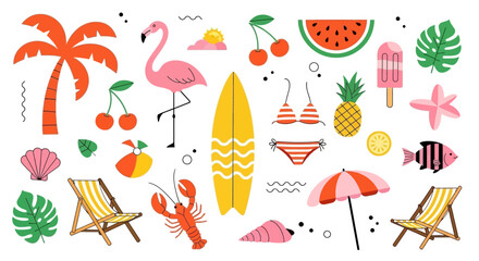 A vibrant collection of summer-themed illustrations featuring a flamingo, surfboard, beach chairs, palm tree, and tropical fruits.