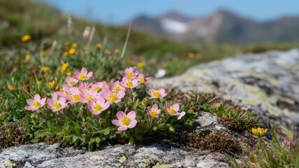 Obraz premium Pink Alpine Saxifrage Flowers Blooming Among Rocks in a Sunny Mountain Landscape