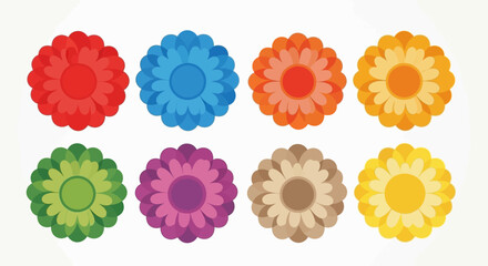 A collection of eight colorful, stylized flower graphics arranged in two rows against a white background.