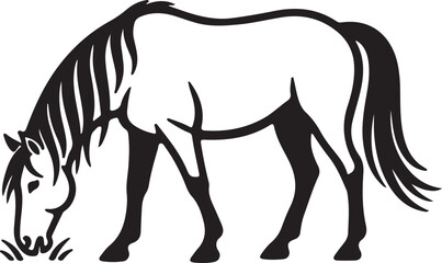 Long mane horse grazing peacefully, elegant curved lines, premium logo style icon. in silhouette of white background. © Sundas