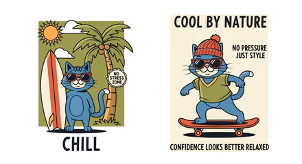 Two cartoon cats depicted in a relaxed, stylish manner, one with a surfboard and palm tree, the other on a skateboard.