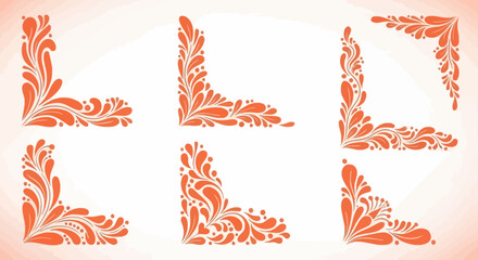 A collection of six ornate, decorative corner elements featuring swirling, leaf-like orange patterns on a light background.