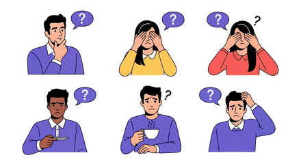 A collection of diverse individuals expressing confusion and uncertainty with question marks above their heads.