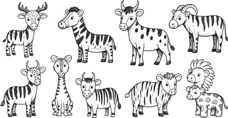 Fototapeta premium Collection of adorable black and white safari animal illustrations featuring zebras cows deer and sheep in a charming hand drawn style