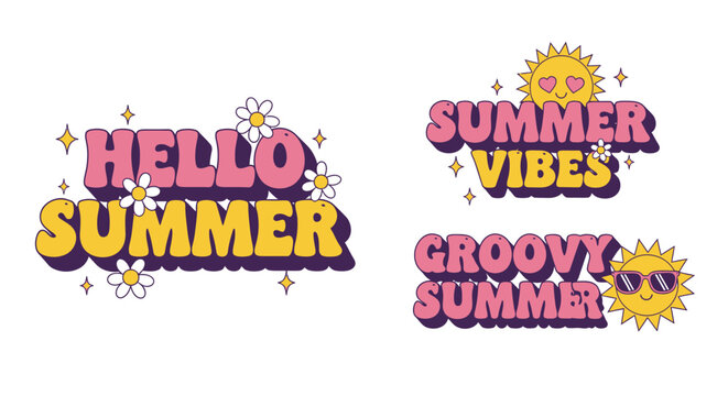 Retro-style "Hello Summer" and "Summer Vibes Groovy Summer" text graphics with sun and flower elements.