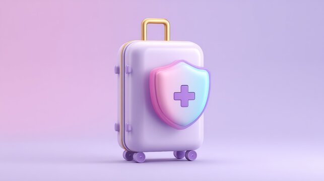 Protective Shield Icon Over Suitcase With Medical Cross Symbol on a Gradient Background in a Modern Design Concept