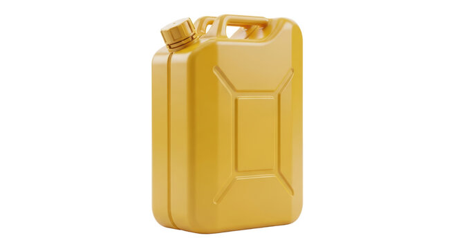 A yellow plastic jerrycan with a handle and a screw-top lid, isolated on a white background.