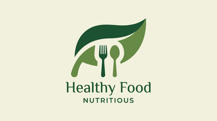 The Healthy Food logo showcases a leaf combined with utensils symbolizing nutritious food and healthy eating, ideal for a brand focused on organic and healthy cuisine.