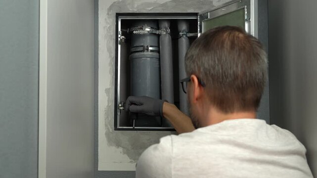 Plumber installs hidden technical inspection hatch in wall to access sewer pipes in kitchen or bathroom. Sewerage. Revisory access hole