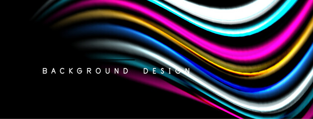 Abstract colorful waves flow across black background. Dynamic lines create modern visual effect. Bright hues suggest energy, movement.