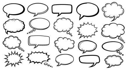 Fototapeta premium A collection of diverse hand-drawn speech bubbles and thought clouds in various shapes and sizes, presented on a white background.