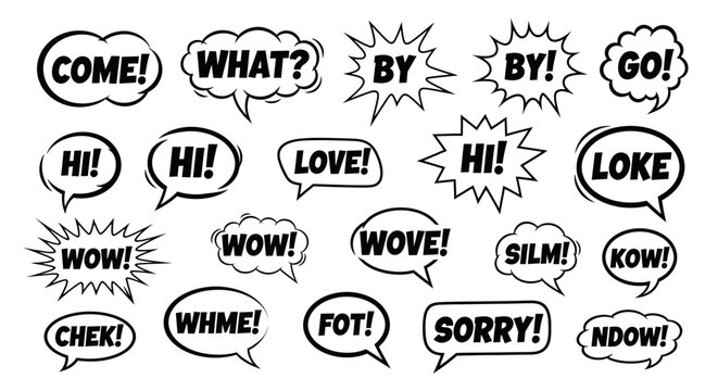 A collection of comic book style speech bubbles with various words and exclamations like 'COME!', 'WHAT?', 'BY BY!', 'HI!', 'LOVE!', 'WOW!', 'SORRY!', and 'NDOW!'.