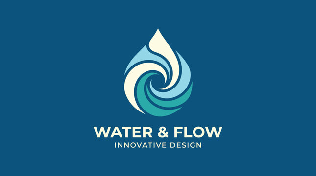 An artistic logo symbolizing water and flow, featuring swirling waves and vibrant shades of blue, representing innovation, creativity, and refreshing designs for an upscale audience.