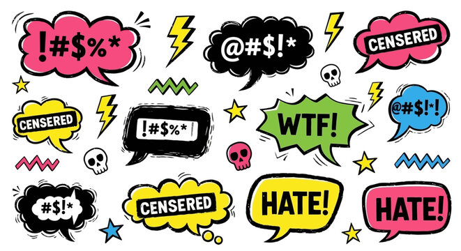 A collection of colorful speech bubbles with censored curse words, symbols, and the word "HATE!" and "WTF!".